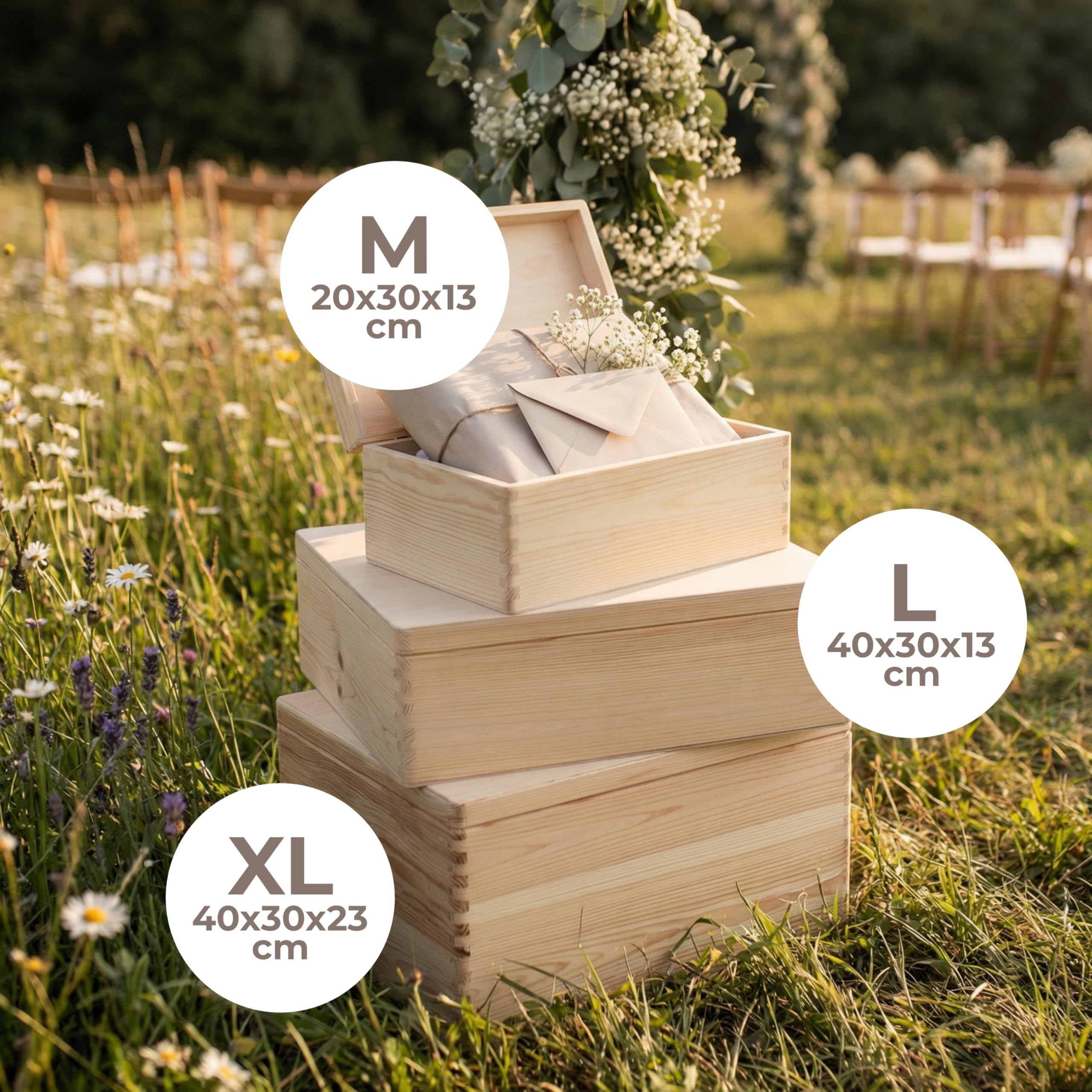 Amari ® Personalisierte Erinnerungsbox aus Holz | Blütenbogen (001.09) | Individuelles Hochzeitsgeschenk Erinnerung Hochzeit Personalisiertes Holzkiste