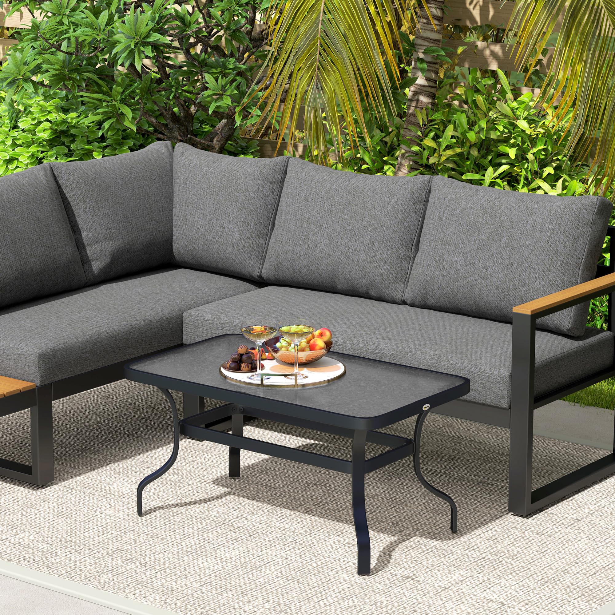 Outsunny Table Basse de Jardin Rectangulaire Verre Trempé Ondulations 95x55x46 cm Noir