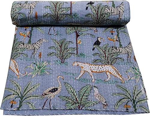 Miniatura 4 de V Vedant Designs Colcha de algodón reversible con estampado floral indio Kantha con estampado de animales, tamaño TwinQueenKing, Vintage Kantha