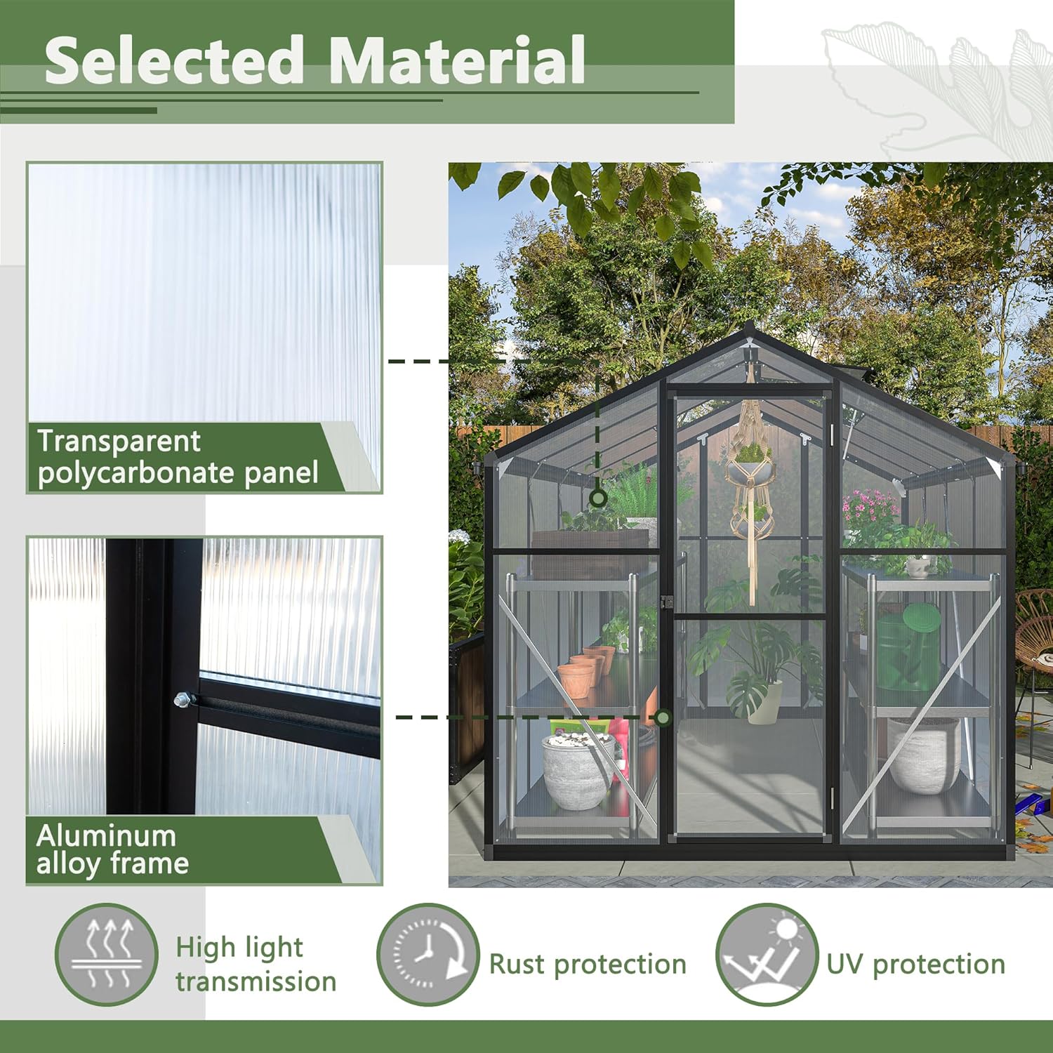 6‘ x 8’ Outdoor Conservatory, Polycarbonate Conservatory with Quick Fit Structure and Roof Vent for Outdoor Garden Backyard (Black, 6'x 8')