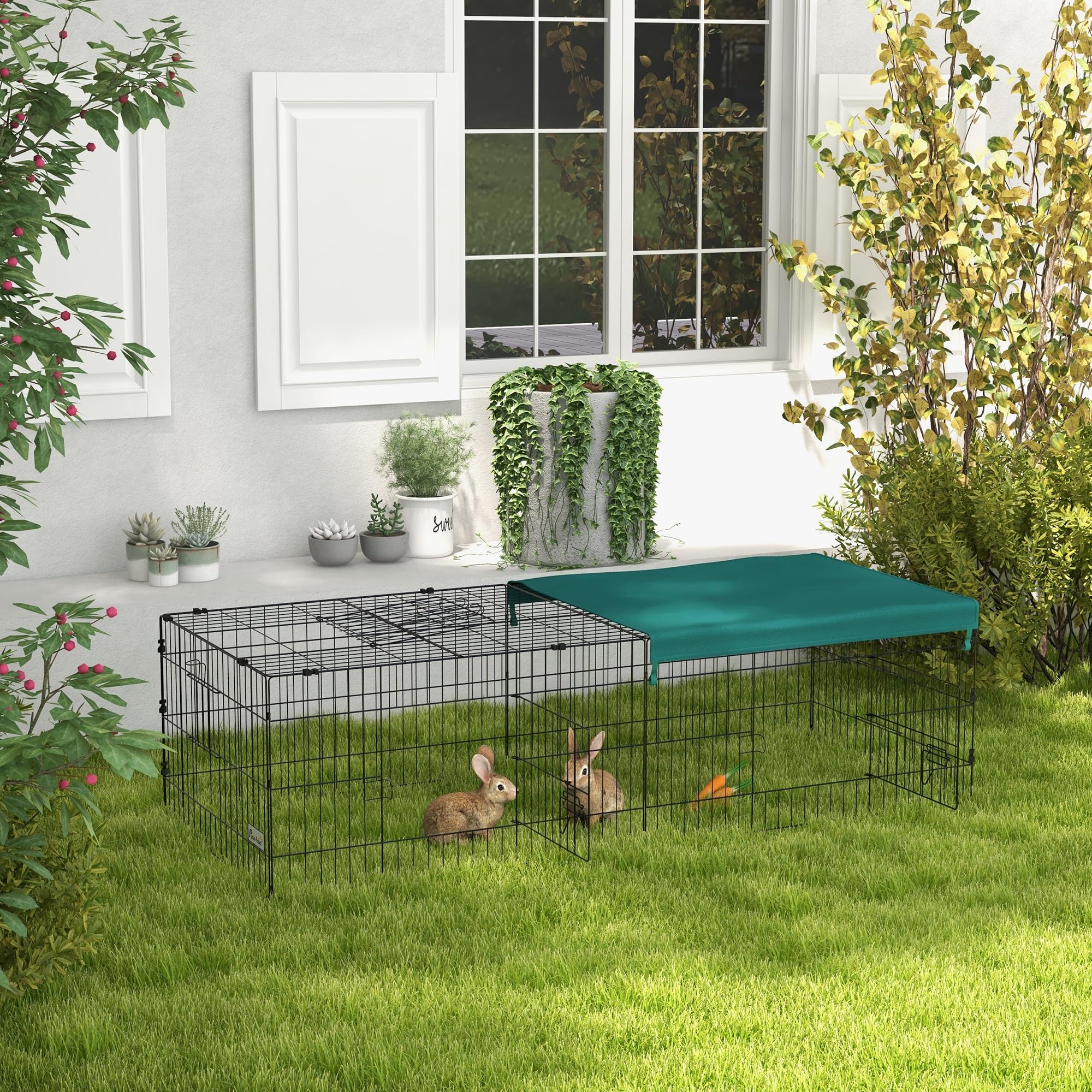 PawHut Parc enclos modulable Acier avec bache pour Lapins rongeurs Petits Animaux 185x75x50 cm Vert