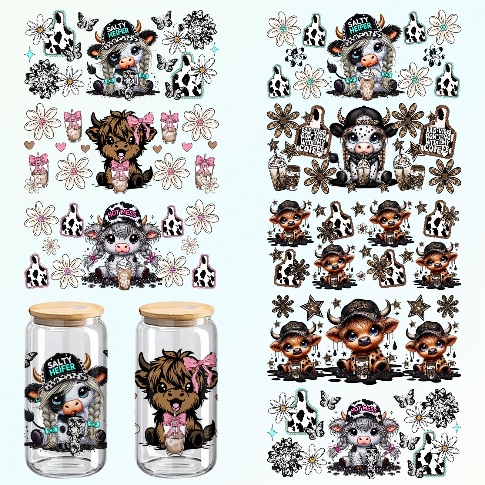 DTF Highland Cow Theme Cup Wrap Stickers, 8-Pack UV Football Cheerleaders Design, 11 x 5 Inches, for 16 oz Cups, Glass and Wood Crafts (309)