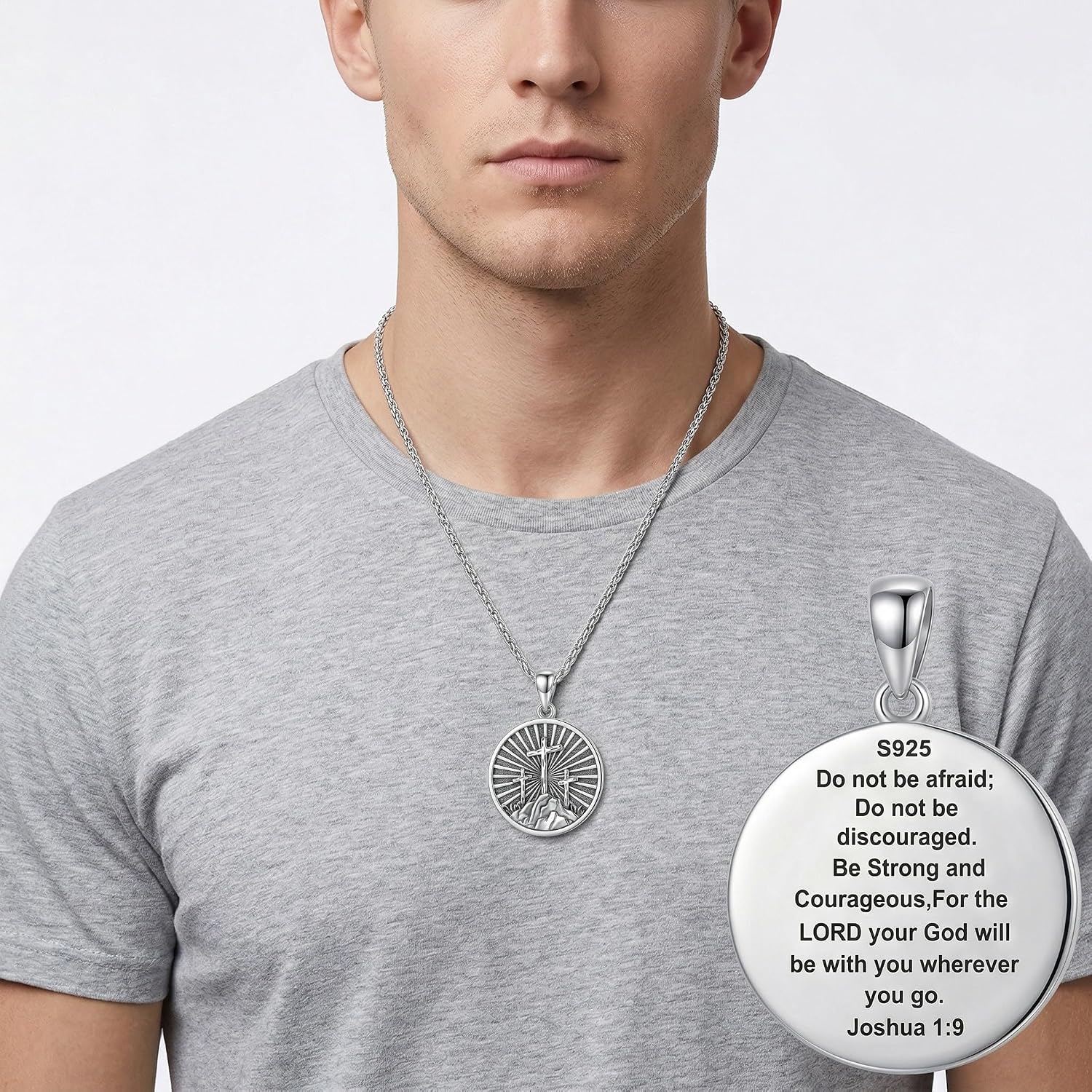 Cross Necklace with Joshua 1:9 925 Sterling Silver Three Cross Medal Pendant Necklaces Christian Jewelry for Men, w/Stainless Steel Chain 22'' +2''