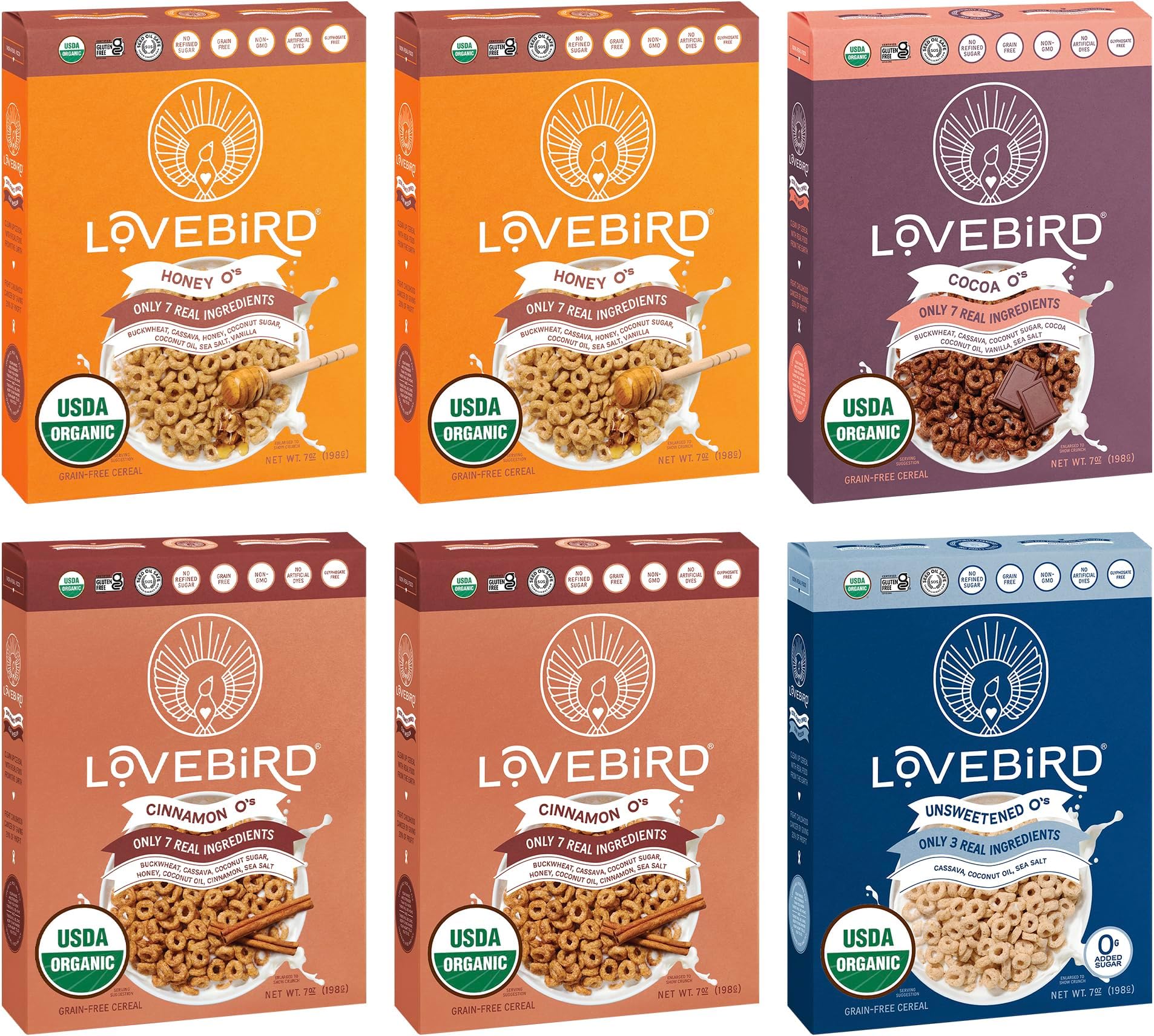 Lovebird Organic Cereal That Actually Tastes Good - 100% Real Food & Healthy Gluten Free Cereal, No Refined Sugar, Paleo, Keto Friendly Healthy Snacks for Kids, Adults - Variety, 6-Pack