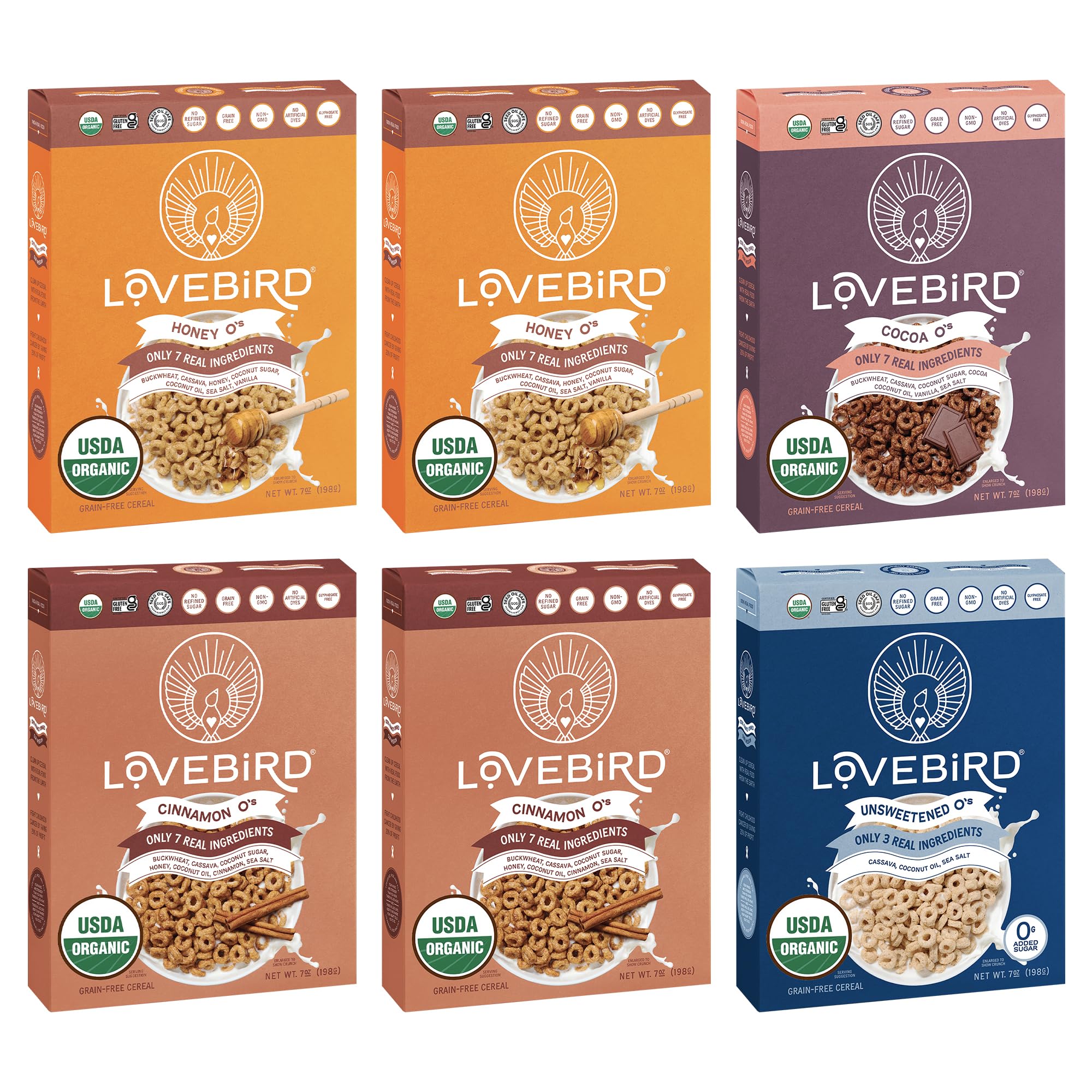 Lovebird Organic Cereal That Actually Tastes Good - 100% Real Food & Healthy Gluten Free Cereal, No Refined Sugar, Paleo, Keto Friendly Healthy Snacks for Kids, Adults - Variety, 6-Pack