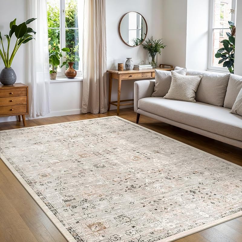BEIMO Boho Vintage Szőnyeg - Mosható, Csúszásgátló Poliészter Szőnyeg Nappaliba, Hálóba, Konyhába - Lapos Szövésű, Bézs, 200x290 cm