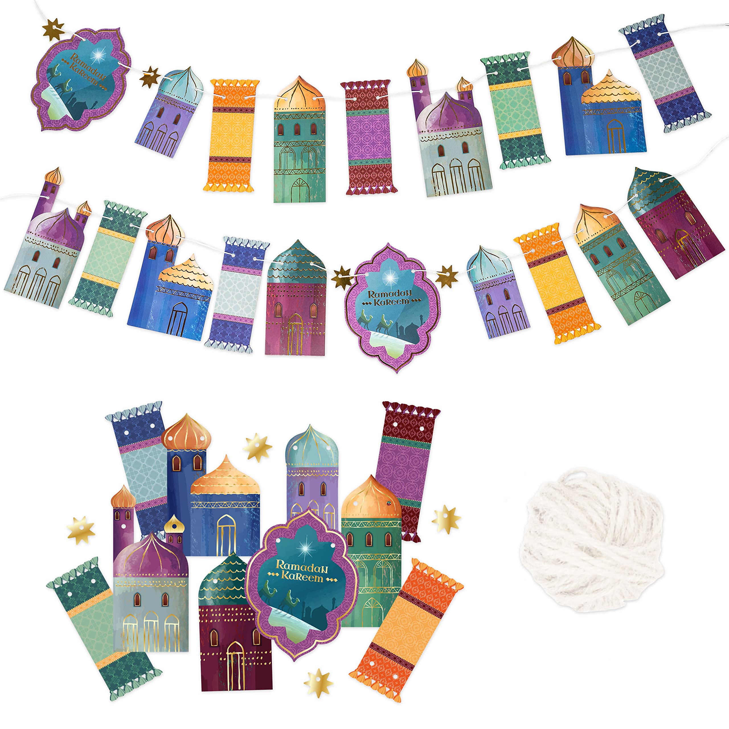 Papierdrachen 10 Meter Ramadan-slinger – Boho-decoratieset Met 39 Voorgesneden Kraftkartonnen Elementen, Inclusief Ophanglint – Set 2