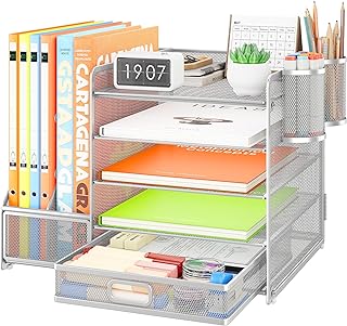 VITVITI Organizador de escritorio con archivador, organizador de escritorio de 5 niveles con 2 portabolígrafos, 2 bandej...