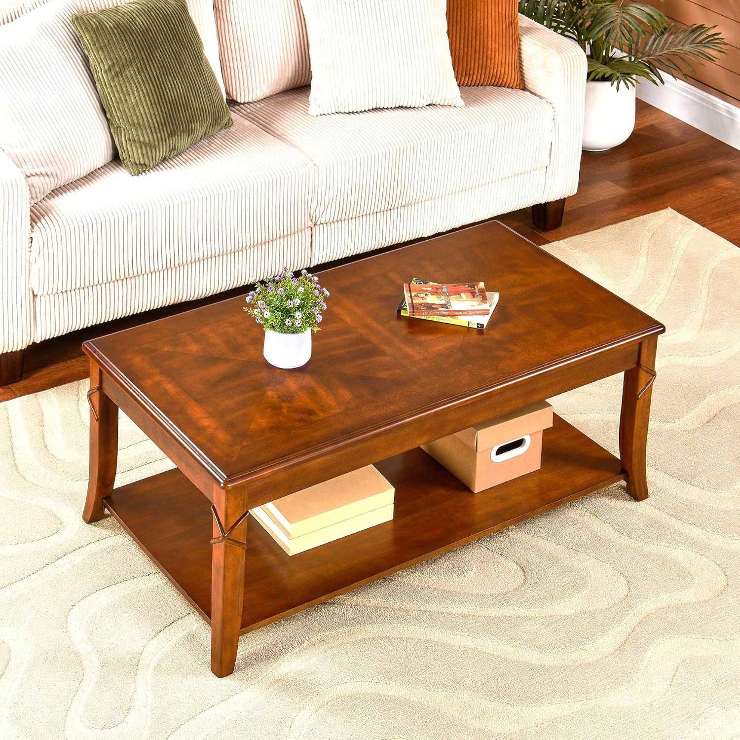 MODERION Solid Wood Coffee Table with Storage Shelf, Mid-Century Living Room Table with Wood Carved Tabletop and Leg, 43.3” Splicing Cocktail Center Table,Easy Assembly, Cherry Brown KFZ-DR200