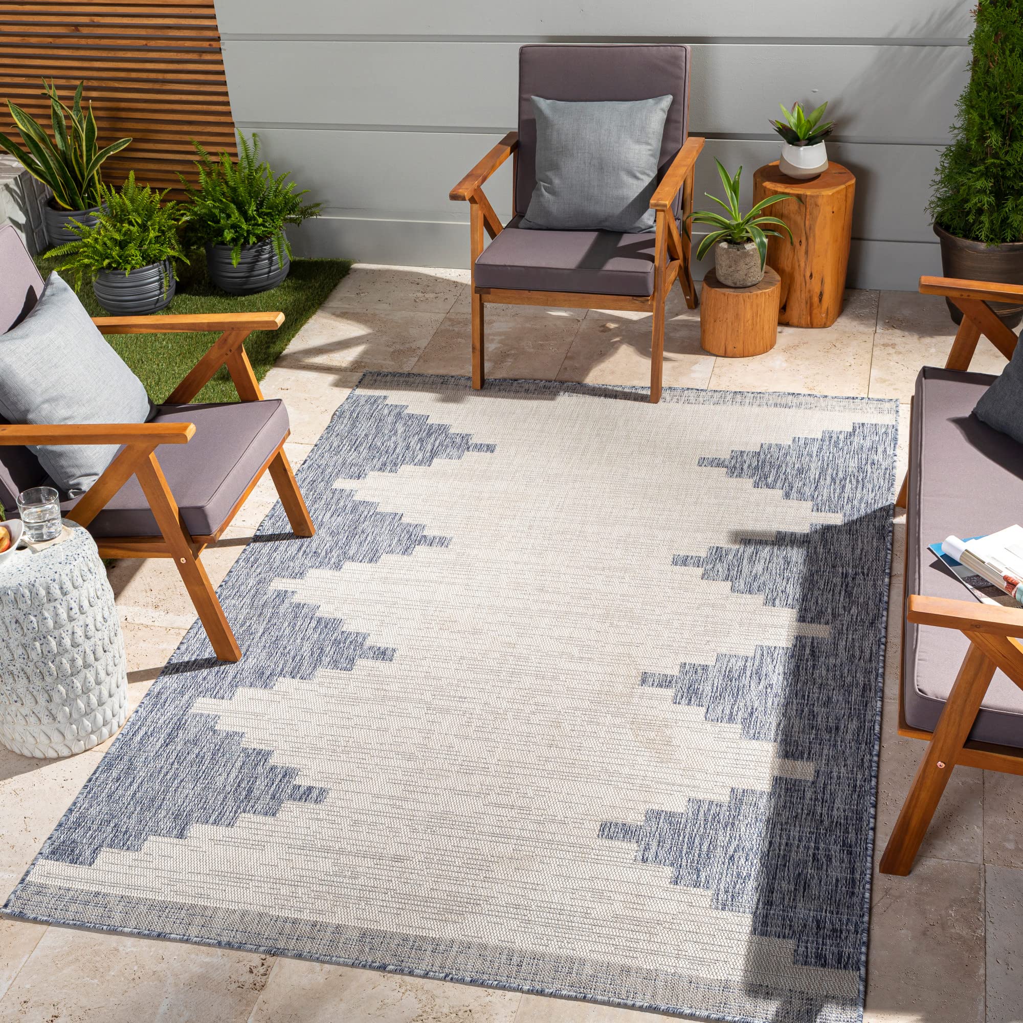 Livabliss Rubal Lagada Geometric Indoor Outdoor Floor Covering 160x230 cm – Boho Pattern for Patio & Garden, UV & Weather Resistant, Navy & Grey