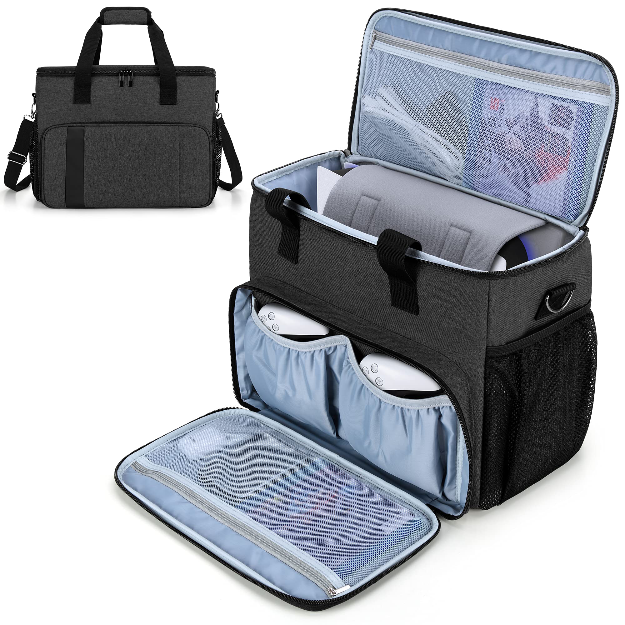 CURMIO Tragetasche für PS5, PS4, PS4 Pro, Xbox Series S, Xbox One and Xbox 360, Tragebare Aufbewahrungstasche für PlayStation Konsole, PS5 Reisetasche für Controller, Kabel (Leere Tasche), Schwarz