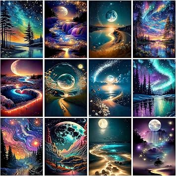 12 pk 5D Large Advanced Diamond Art Kits for Adults Multiple Packs DIY Club Round Full Drill Diamond Painting Moon Colorful with Crystal Gem Art Painting Kits Set Beginners Canvases12 x 16 Inches