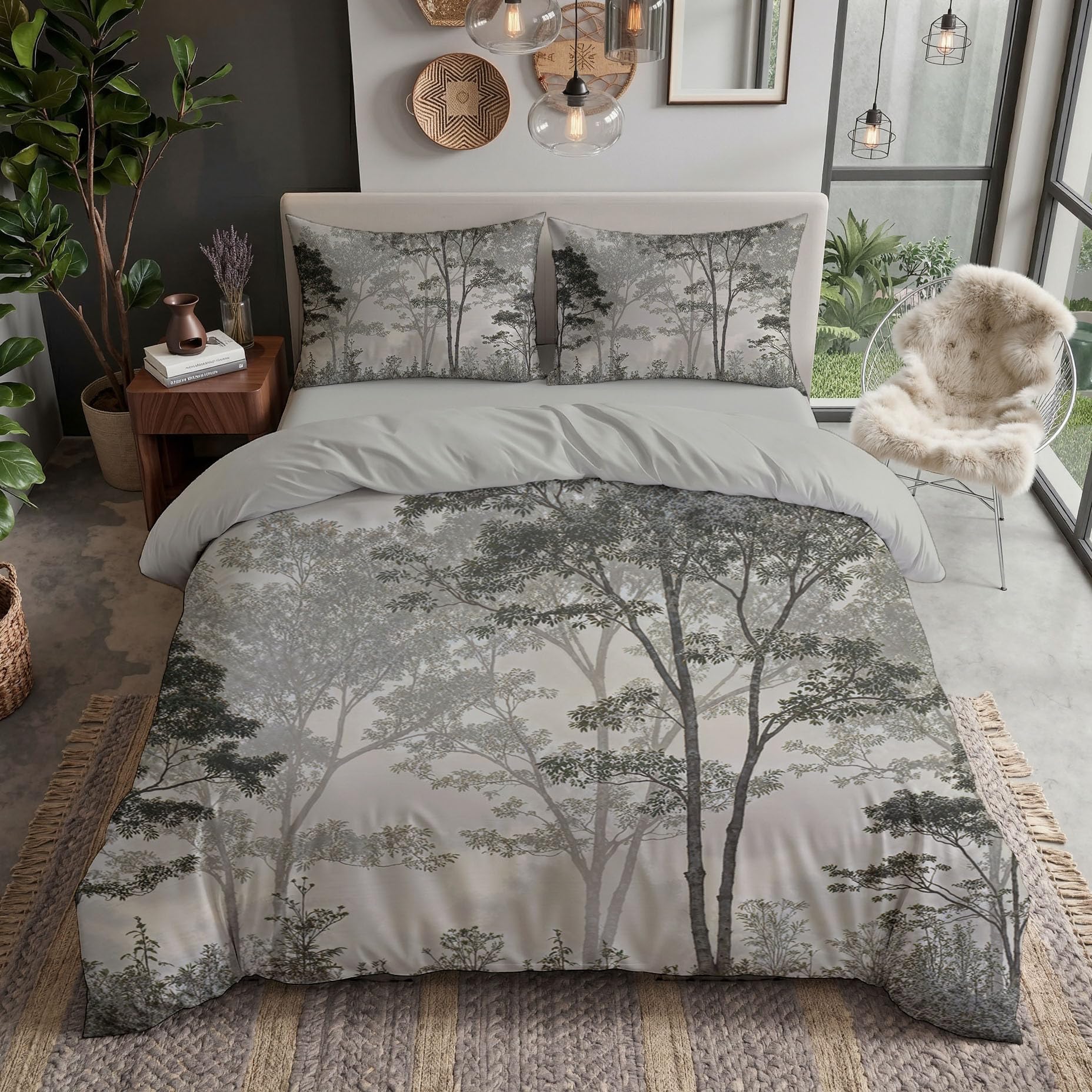Housse de couette gris foncé arbres dans le brouillard parure de lit douce pour des nuits sereines