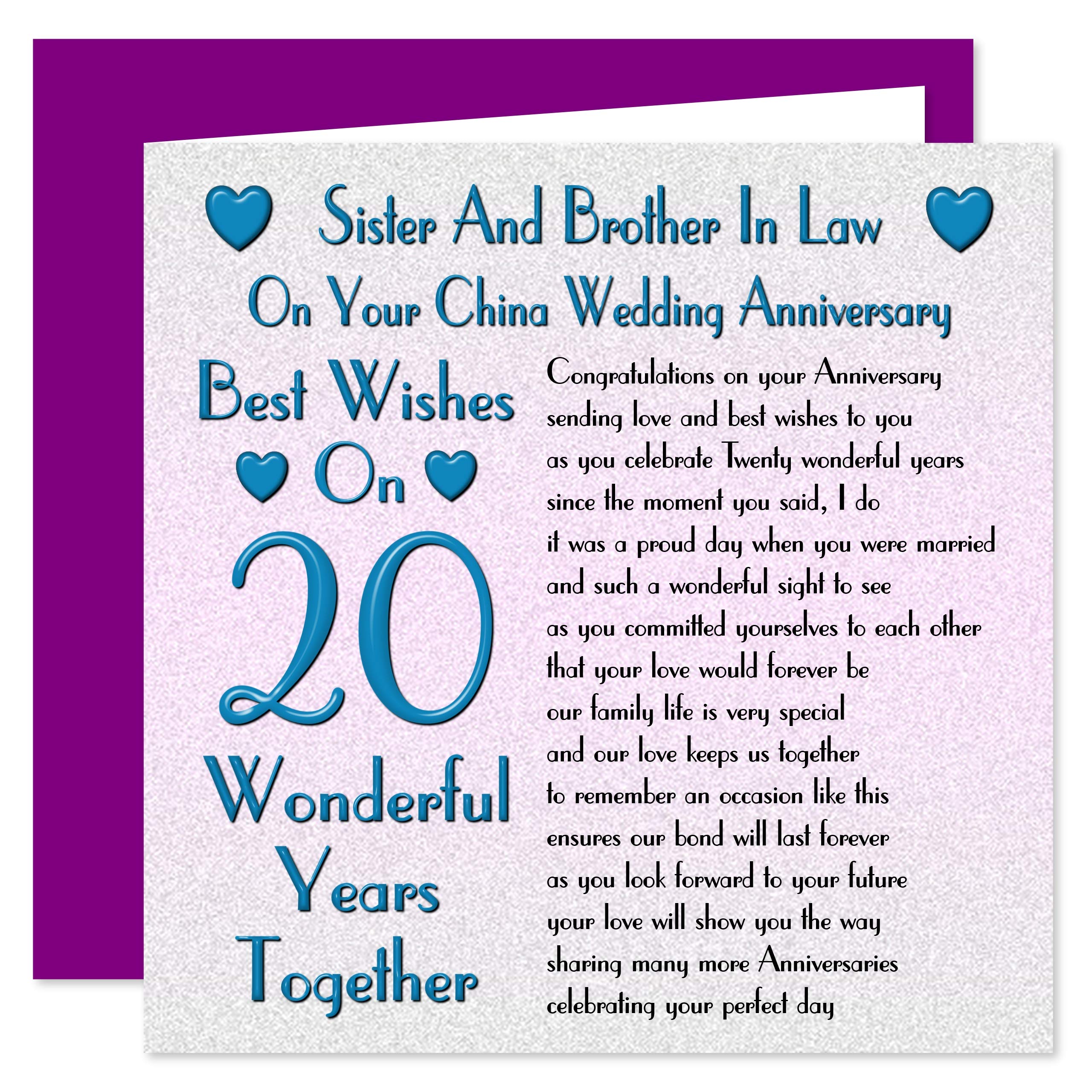 Sister & Brother In Law 20th Wedding Anniversary Card - On Your China Anniversary - 20 Years - Sentimental Verse