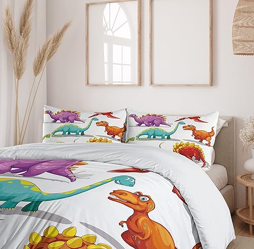 Miniatura 6 de Ambesonne Juego de funda de edredón de dinosaurio, colorido y divertido con diferentes temas de dinosaurios, animales extintos, edad de hielo, juego