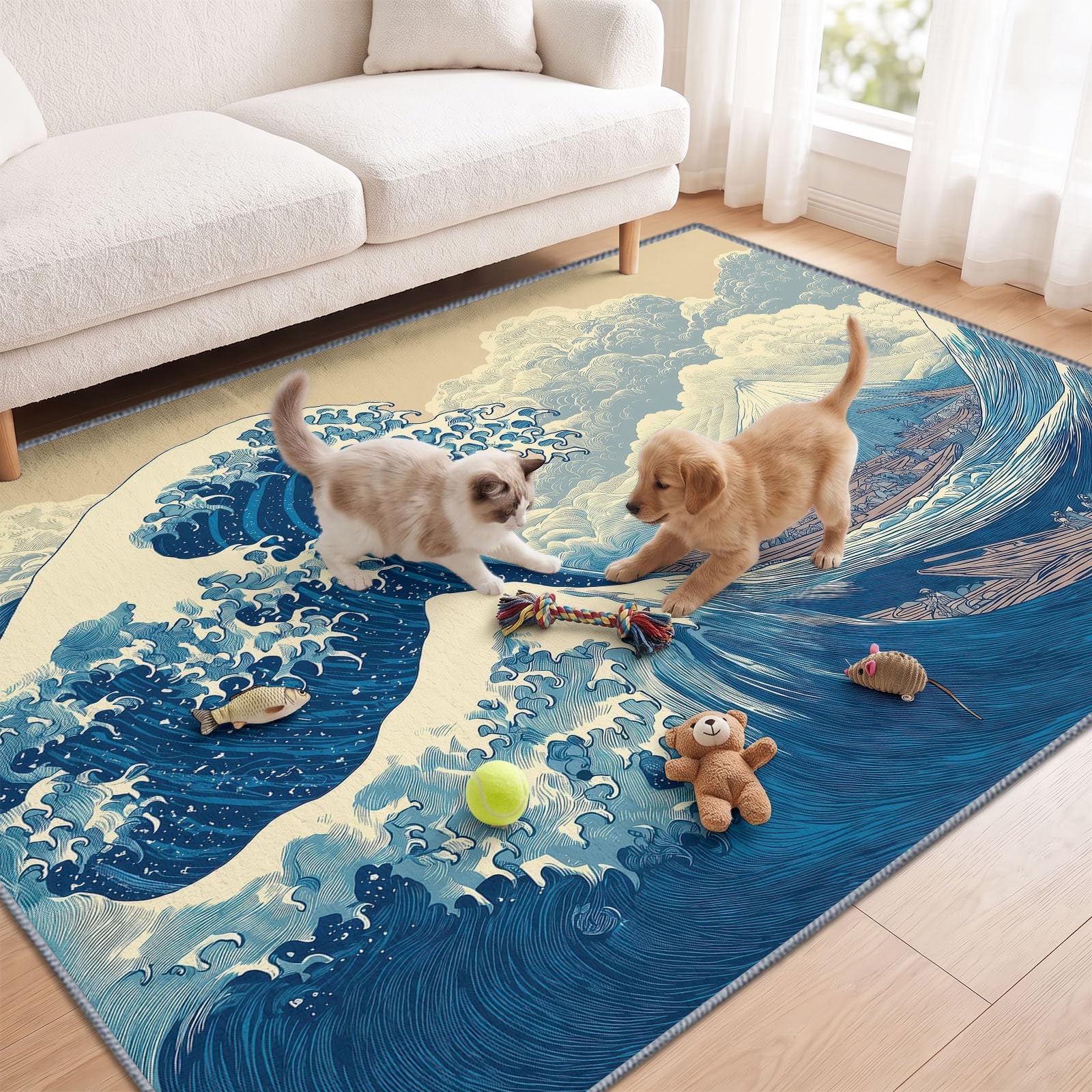 Alfombra japonesa Ukiyo-e lavable para salón, 180 x 240 cm, con ondas grandes de escarcha, suave, antideslizante, de pelo corto, alfombra grande para dormitorio, cama, comedor, oficina
