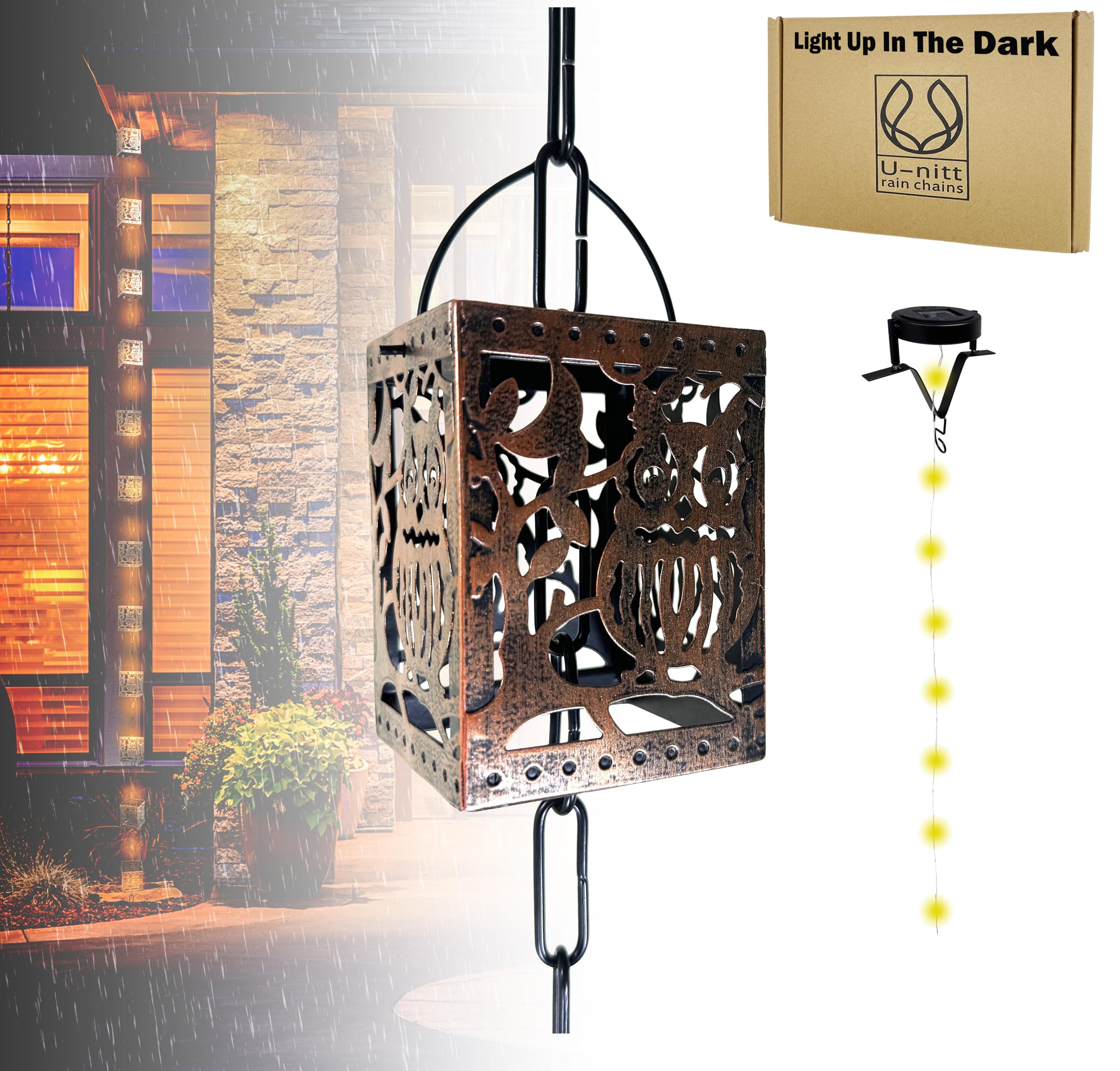 Rain Chain Water Collection for Gutters, Rainwater Catcher & Diverter, 8.5 FT Chains for Outside Garden, Antique Light Up Cups, Roof Downspout, Works with Heavy Rain, w/Gutter Clip for Rainchains