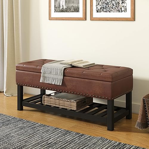 Miniatura 13 de SIMPLIHOME Lomond - Banco otomano rectangular tradicional de almacenamiento de 44 pulgadas de ancho en piel sintética vegana gris topo envejecida,