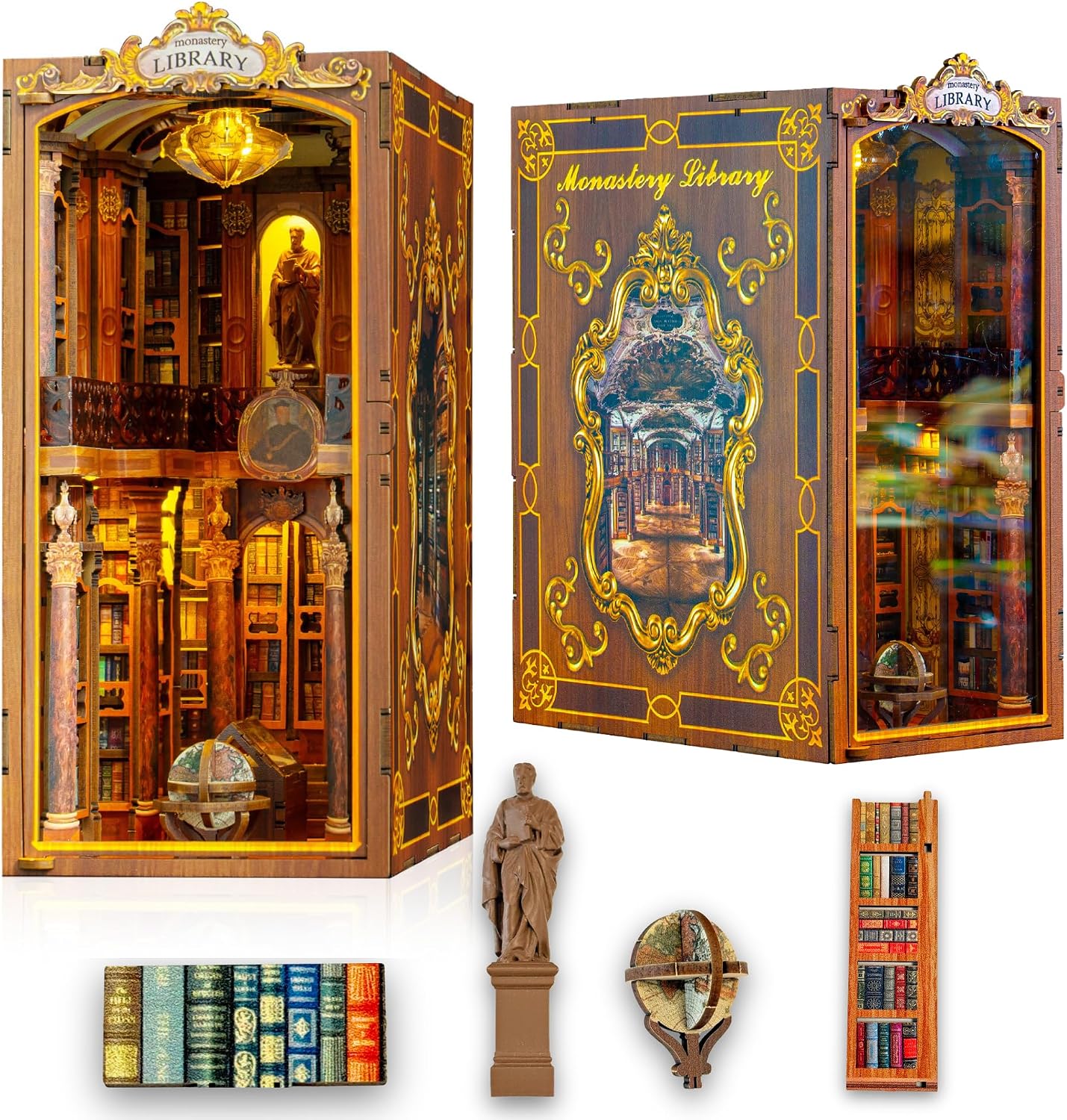 Book Nook Kit DIY Dollhouse Wooden Miniature House Book Corner Kit for Adults Teens 3D Wooden Puzzle Bookcase Insert Kits with Sensor LED Light Miniature House for DIY Monastery