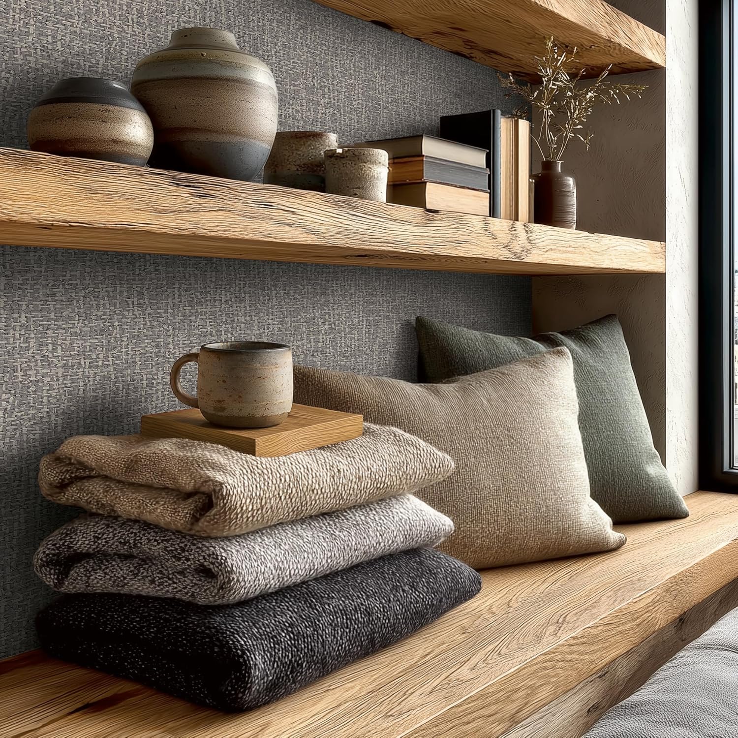 A.S. Création Vibes & Styles Jan Studio Sense & Surface Non-Woven Wallpaper - Textile Fabric Texture, Warm Earth Tones, Textured, Textured Wallpaper, Braid, 10.05 m x 0.53 m, Grey/Metallic - 791125