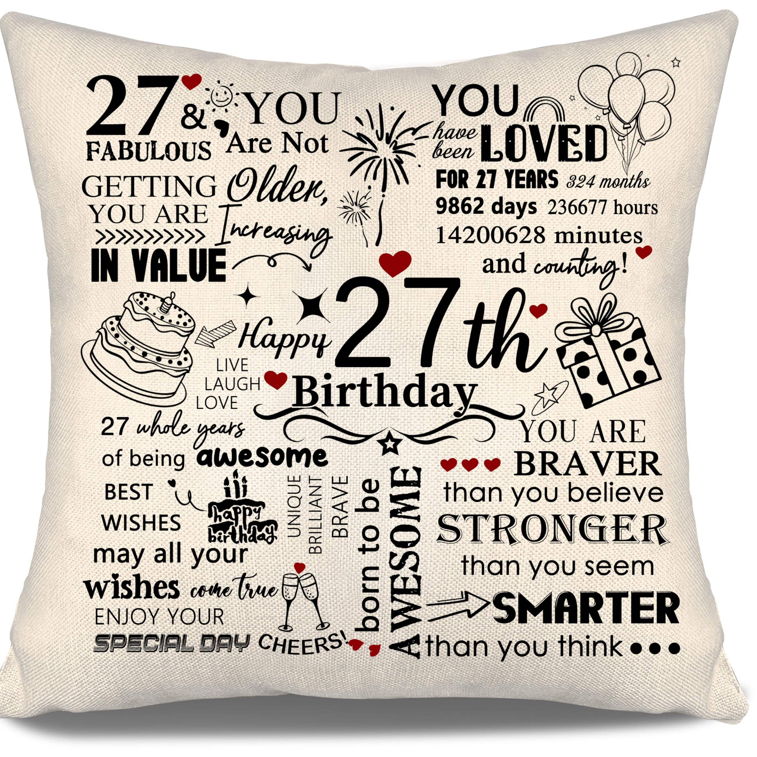 27th Birthday Gift Cushion Cover for Daughter Son Cousin Friend Aunt Niece Colleague Girlfriend Boyfriend Wife Husband 27 Years Old Women Men Gift Inspirational Cushion Cover Happy Birthday Gift(27)