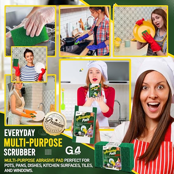 G4GADGET Heavy Duty Scouring Pads Green 5 Pack (3.9 x 5.9 inch / 10 x 15 cm) – Non-Scratch Multipurpose Scrubber for Kitchen, Sink, Pots, Pans & Dish Cleaning – Durable Reusable Scourers