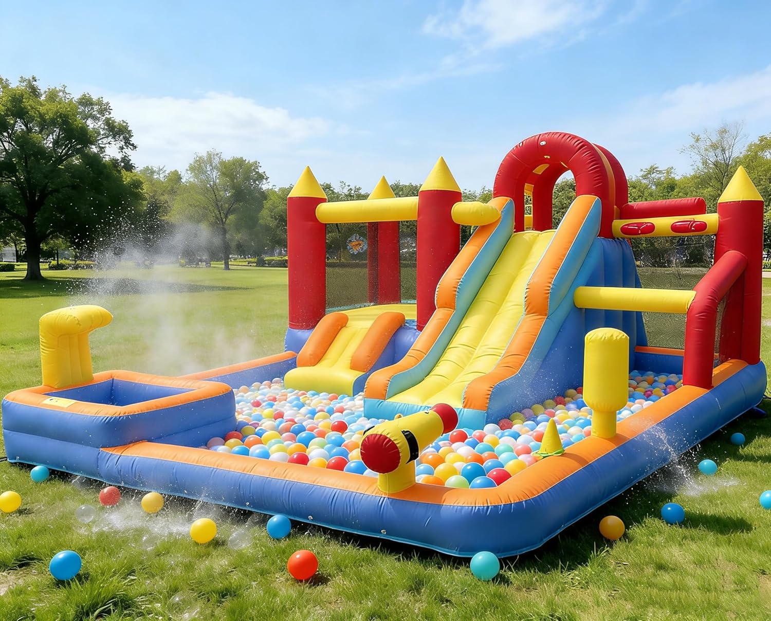 13 in 1 Inflatable Water Slide Bounce House, 185" × 157" × 83" Large Inflatable Bounce Castle for Big Kids 3-6 8-12 with Splash Pool, 2 Slides, Bouncer, Climbing Wall, 550W Blower