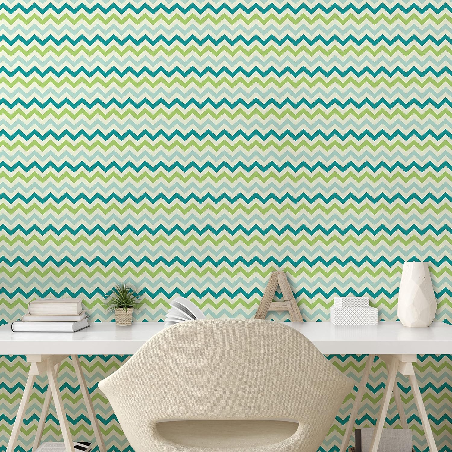 Lunarable Chevron Peel & Stick Wallpaper for Home, Chevron Pattern in Cool Pastel Color Palette Creativity Springtime, Self-Adhesive Living Room Kitchen Accent, 13" x 100", Lime Green Pale Blue