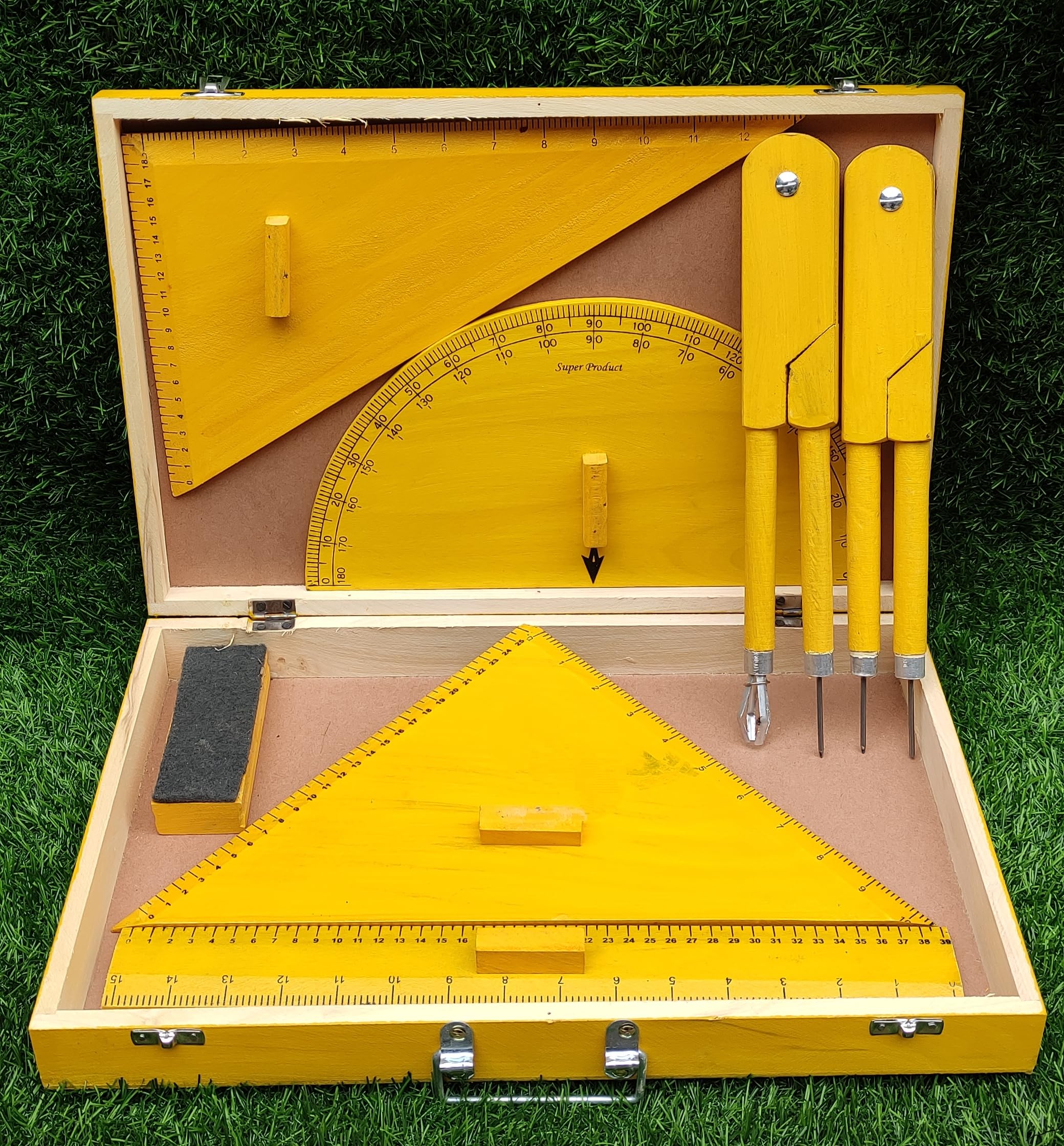 SUPER Wooden Geometry Box Set for Teachers – 7 Essential Tools with aluminium fitting, Includes Protractor, Set Squares, Ruler, Compass, Divider, Non-Toxic, Yellow, for Classroom Use