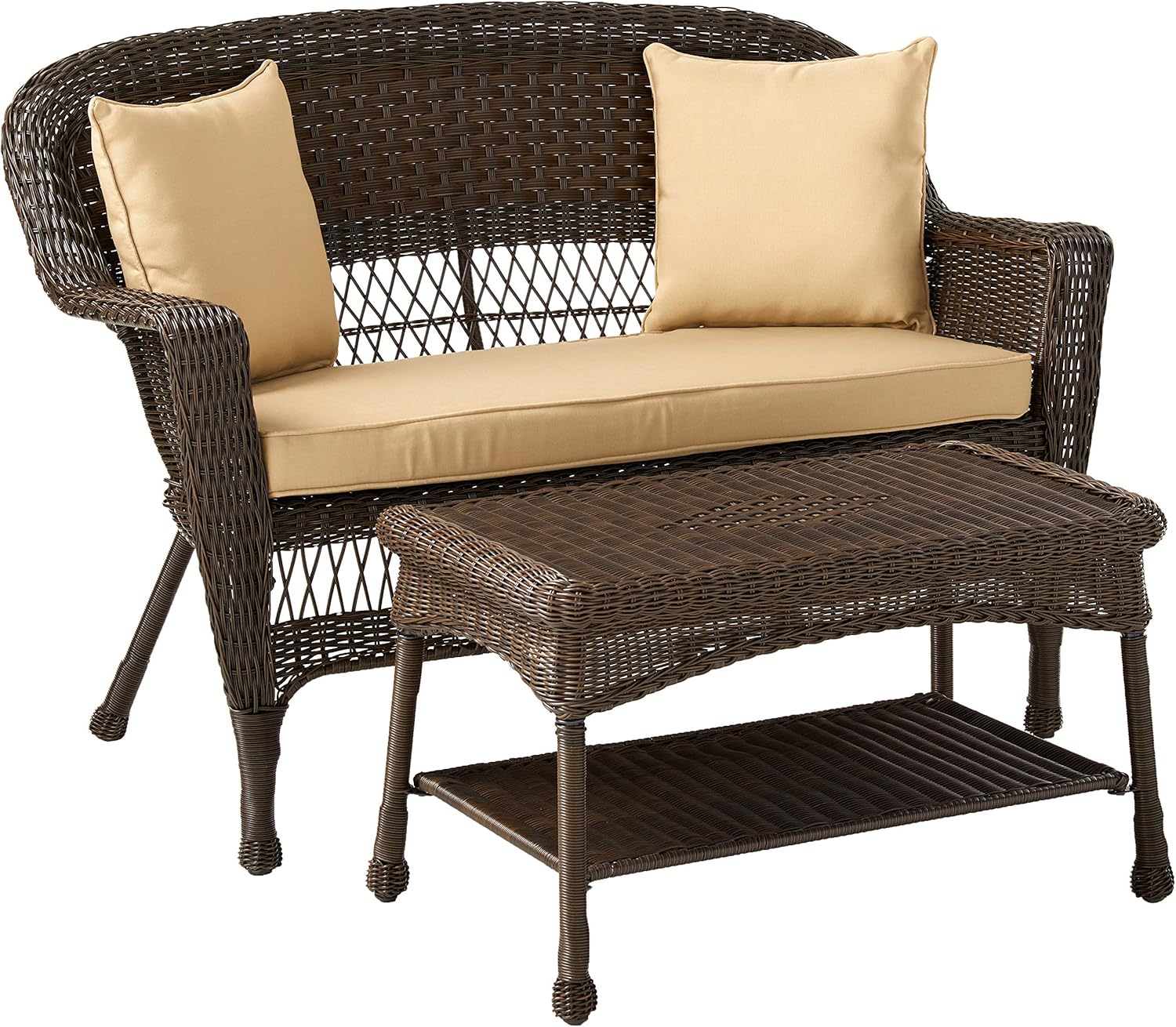 Jeco Wicker Patio Love Seat and Coffee Table Set with Tan Cushion, Espresso