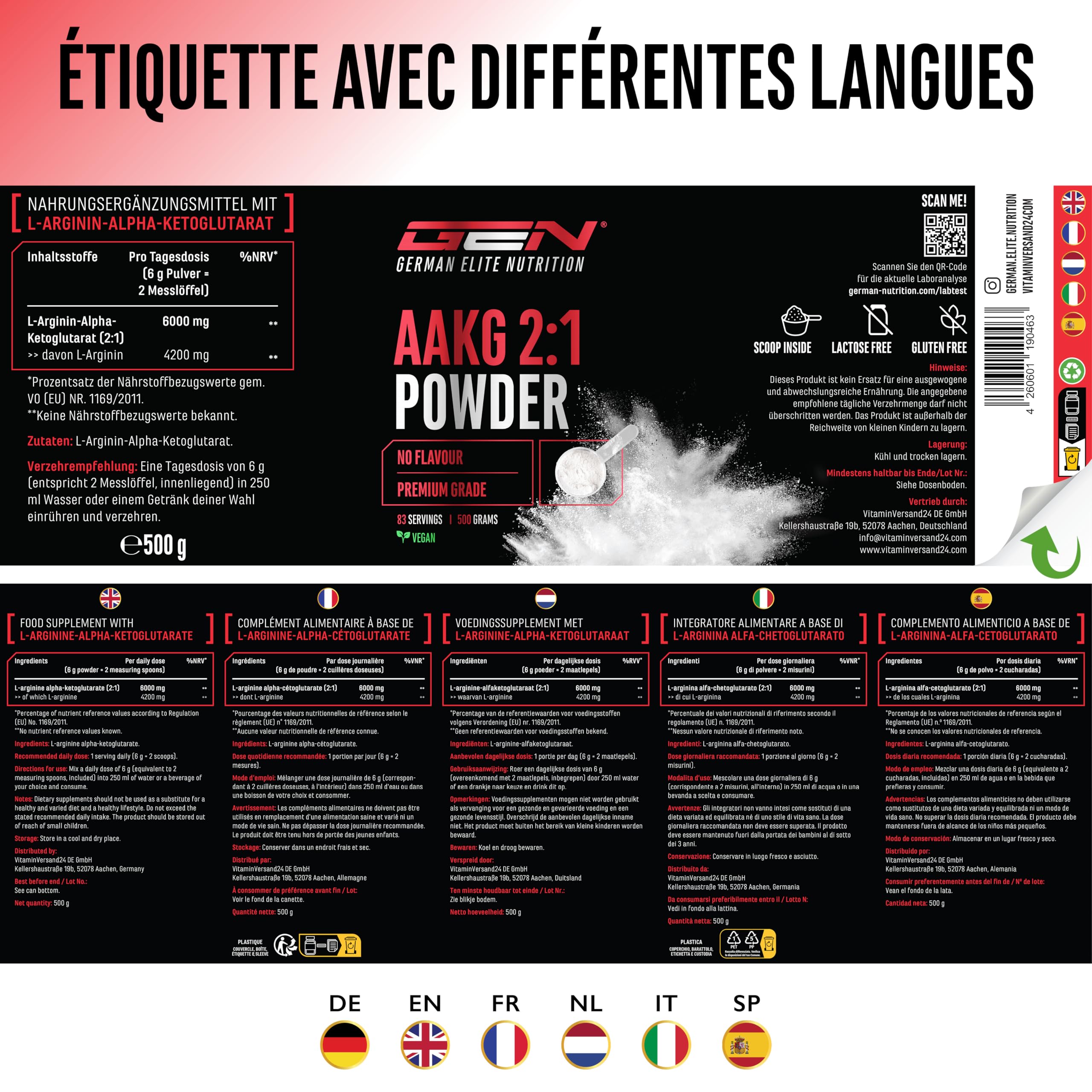 AAKG - 500 g - L-Arginine Alpha-Cétoglutarate (2:1) - Solubilité Optimale - Végan - Poudre Pure sans Additifs - Acide Aminé d’Arginine Premium - German Elite Nutrition