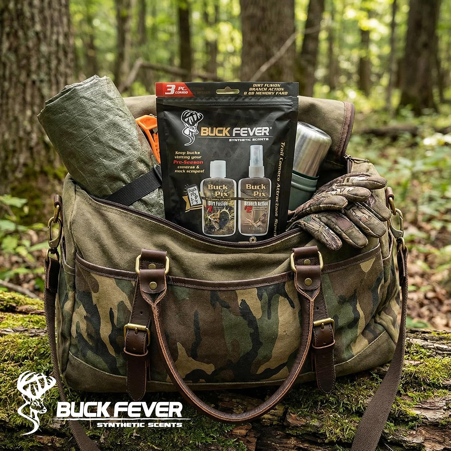 Buck Fever Buck Pix 2,3,4-Piece kit - Synthetic Deer Scent (4 oz Branch Action & 4 oz Dirt Fusion) for Whitetail & Mule - Non-Spoiling Deer Attractant for Outdoor Trail Camera