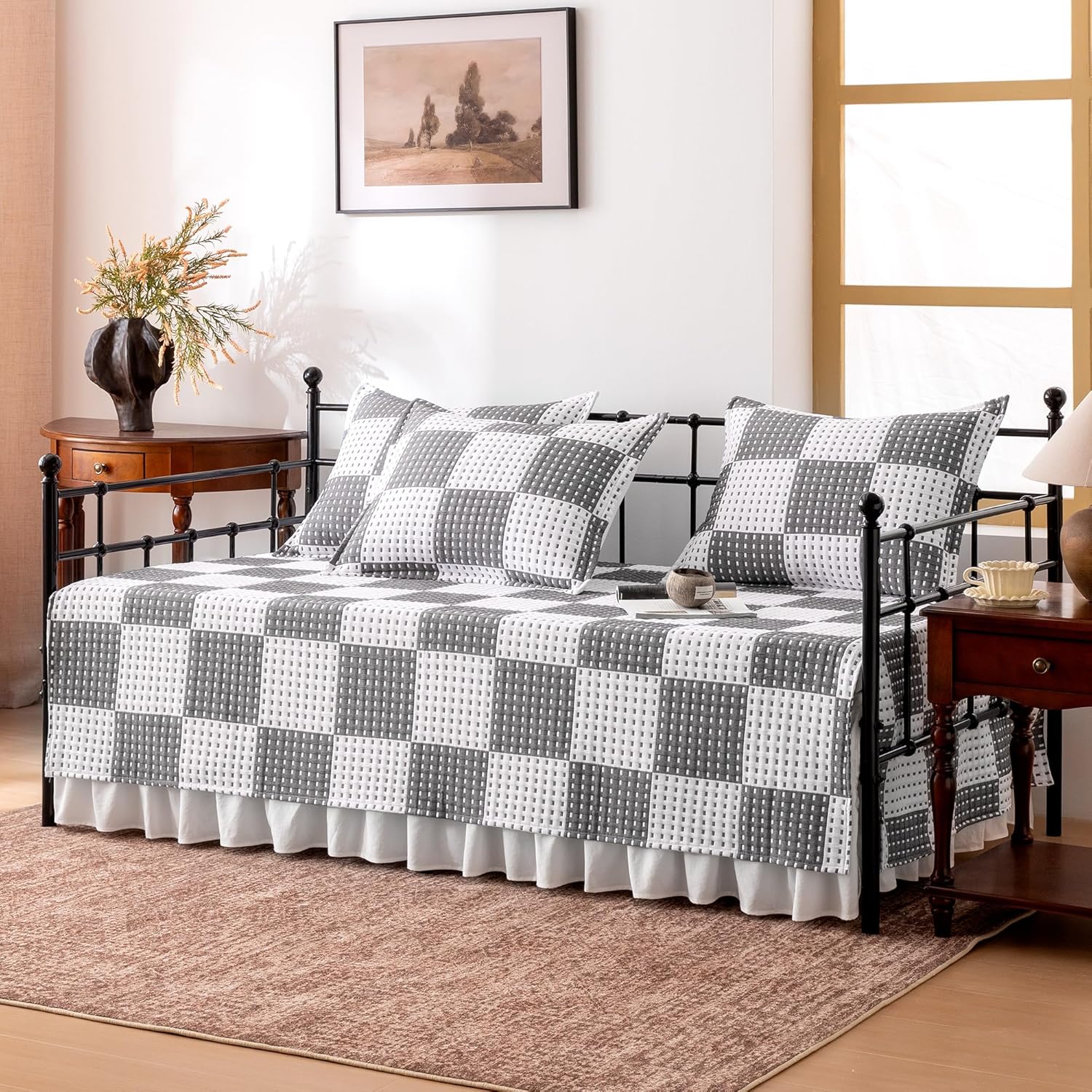 SLEEP ZONE H2 Cotton Craft Quilt Set Gray Plaid Daybed Cover Set