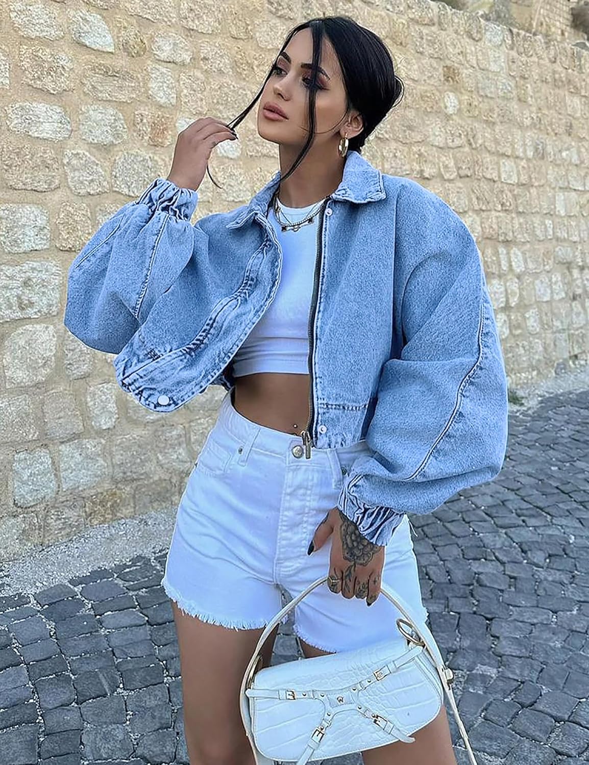 Qazel Vorrlon Womens Oversized Cropped Denim Jacket Zip Up Light Wash Blue Bomber Shacket Jean Jacket for Women Trendy 2025 - Image 5