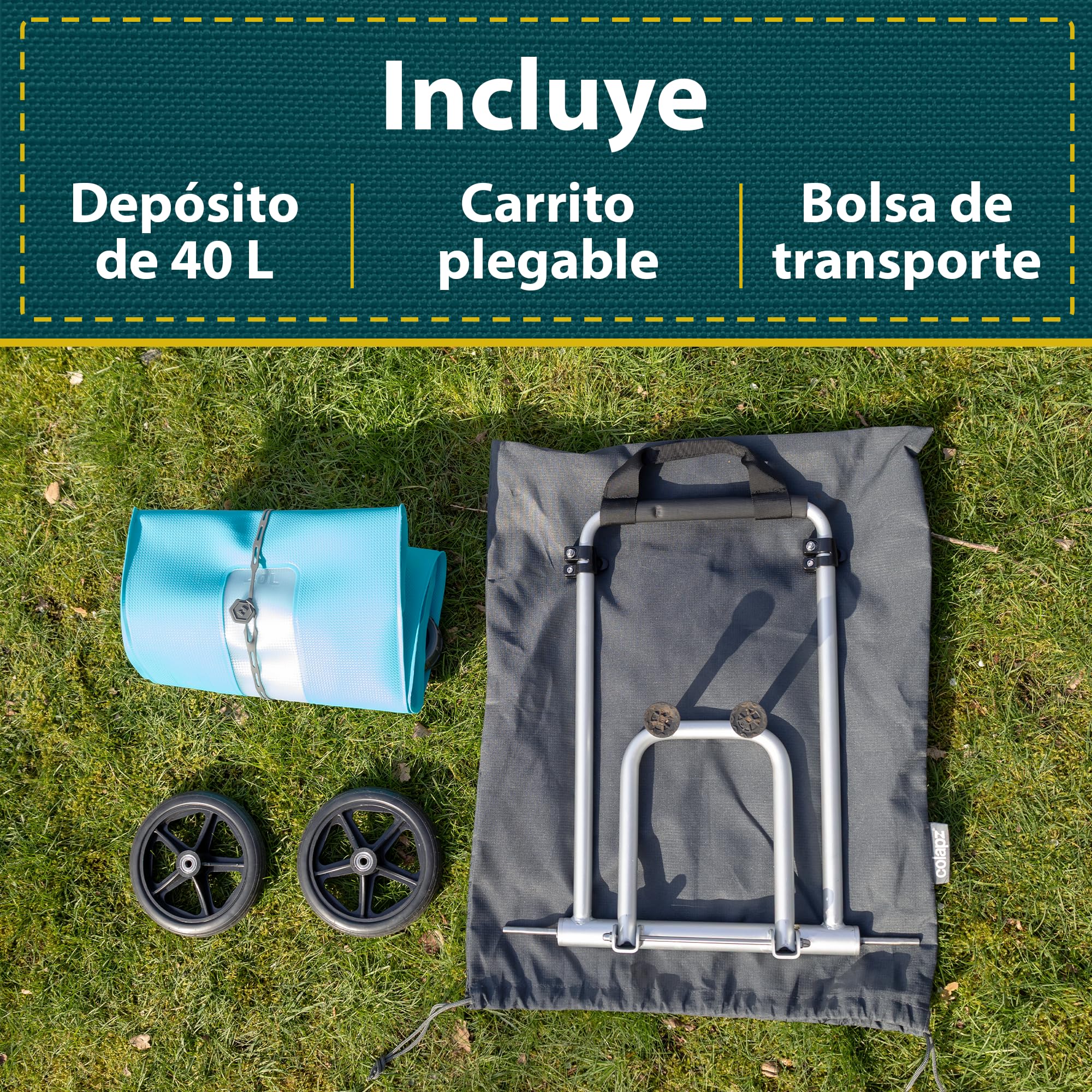 Colapz Aquamate - Transportador de agua dulce con carrito de 40 l, contenedor de agua que ahorra espacio para caravanas y autocaravanas, sin BPA, compatible con Flexipipes