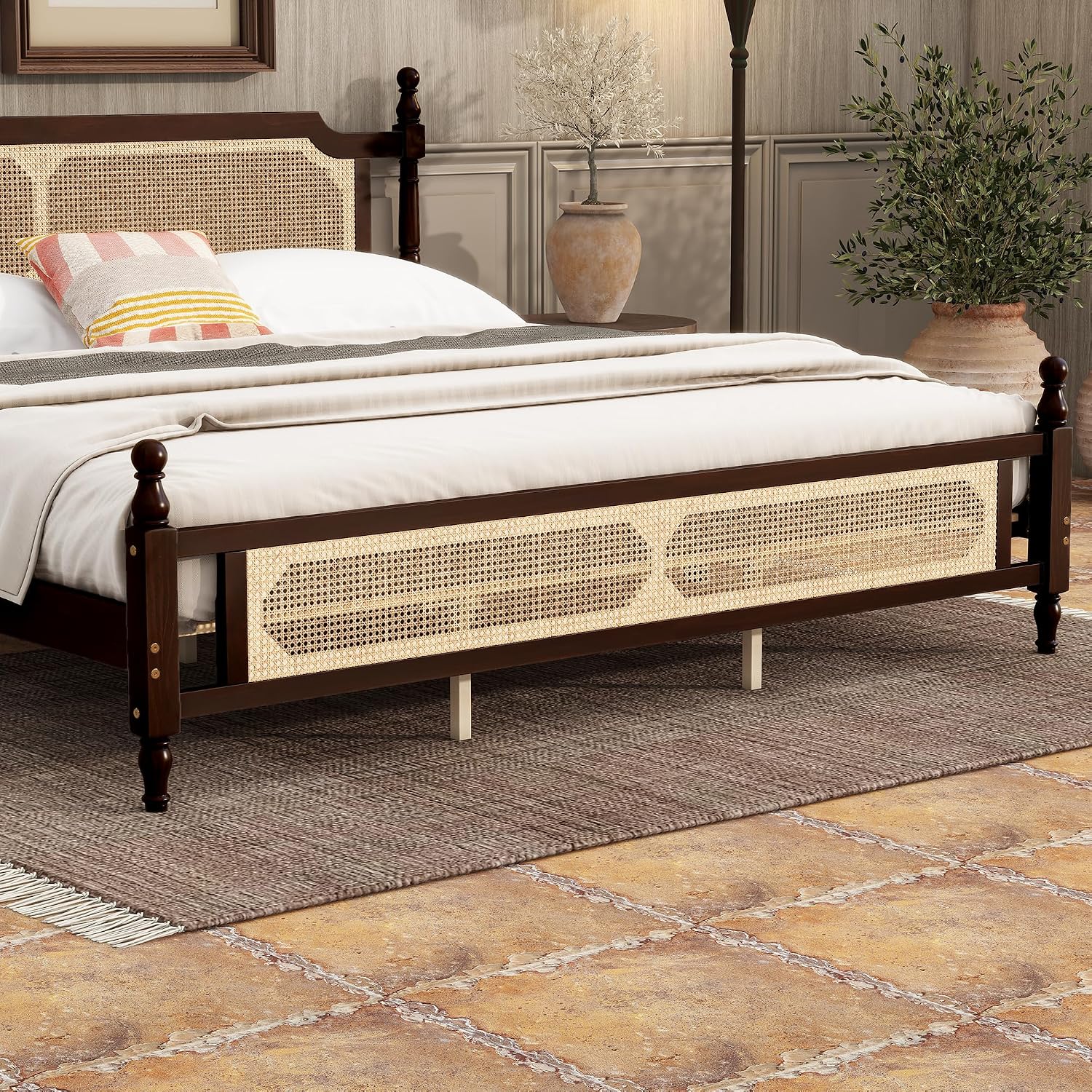 King Size Bed with Rattan Headboard and Footboard, Rustic Retro Style Pine Wood Platform Bed with Slat, No Box Spring Needed, Espresso