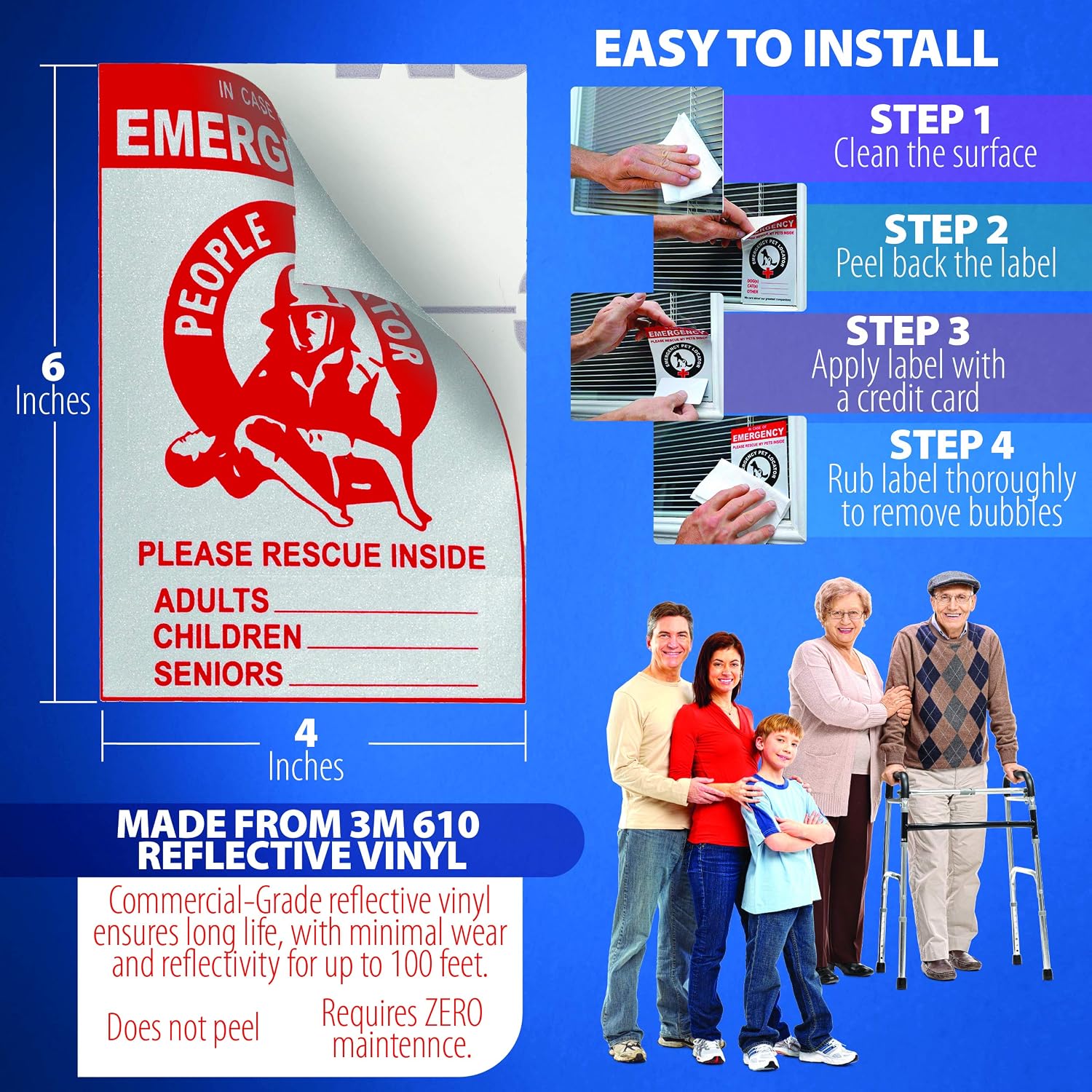 Emergency People Fire Rescue Decal – (1 PACK) Reflective Locator Alert Sticker – Home Fire Safety for Kids Adults and Seniors – Front Door Window Cling - Save Our Family Inside – Vinyl EMS Emblem Sign