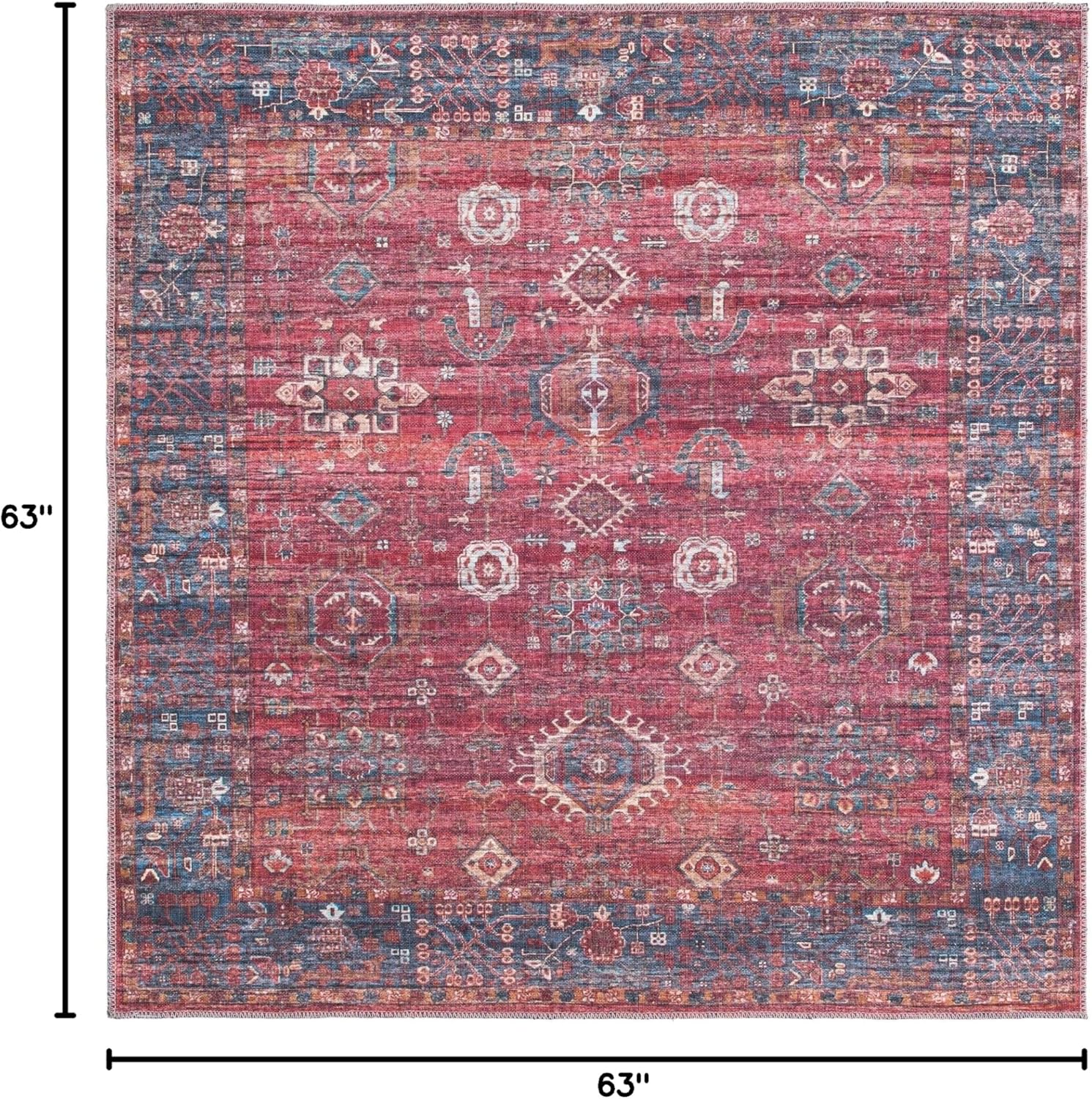 Rugs.com Maahru Collection Washable Rug – 5 Ft Square Rust Red Low-Pile Rug Perfect for Living Rooms, Kitchens, Entryways
