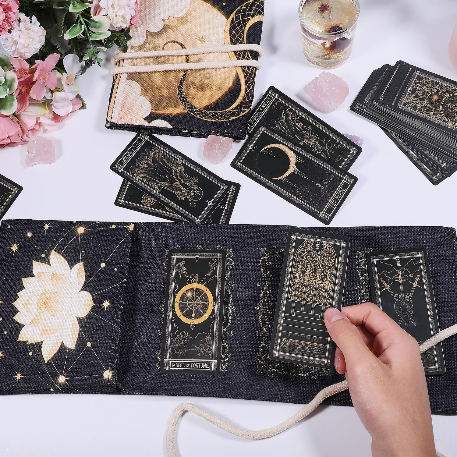 GLOBLELAND 2Pcs Lotus Snake Tarot Card Holder with Layout Pattern Moon Phases Polyester Tarot Serpents Divination Large Storage Pouch Accessories for Playing Cards and Tarots