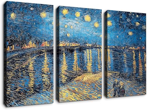 Denozer - Lienzo decorativo para pared de 3 paneles - Noche estrellada sobre el ródano por Vincent Van Gogh - Impresión giclée de galería, arte
