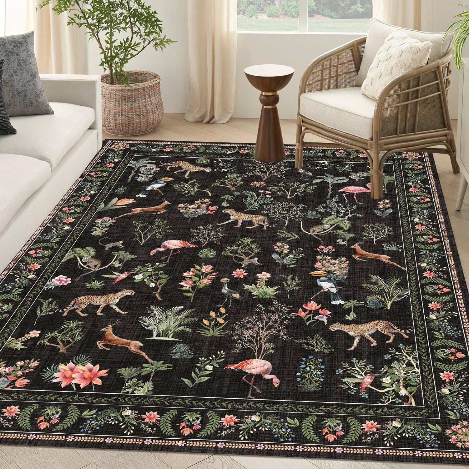 Washable Area Rug 5'×7' Black Boho Floral Large Animal Botany Living Room Rug Cheetah Flamingo Non-Slip Soft Colorful Oriental Vintage Bedroom Carpet Dining Room Nursery Home Office Indoor Decor