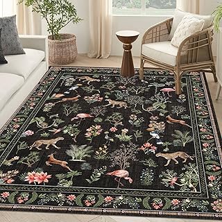 Waschbarer Teppich, Boho, Blumenmuster, groß, Tier, Botanik, Wohnzimmerteppich, Gepard, Flamingo, rutschfest, weich, bunt, orientalisch, Vintage, Schlafzimmer, Esszimmer, Kinderzimmer, Zuhause, Büro