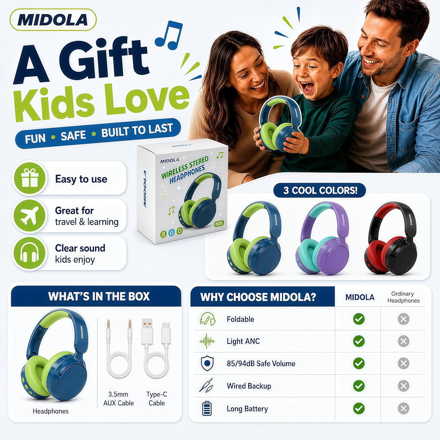 Kids Bluetooth Headphones Active Noise Cancelling,68H Play Time,Lightweight Wireless Foldable Over-Ear Headphone for Kid Toddler,Volume Limited 85/94dB,Headsets with Built-in Mic Blue