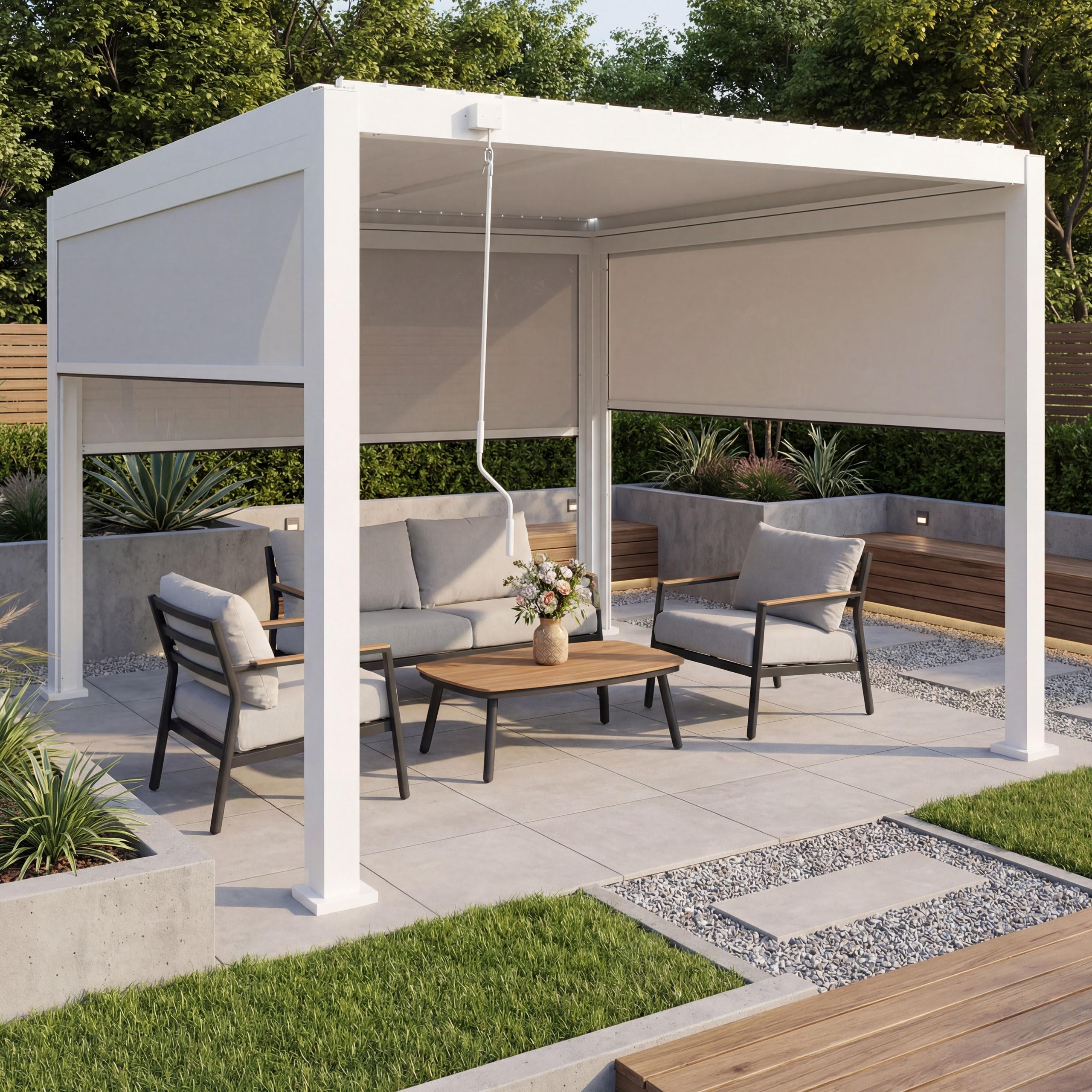 Mendler Pergola HWC-P65 mit 3X Seitenwand 10cm-Alu-Gestell 3x3m - weiß