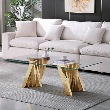 Rectangle Glass Coffee Table, Living Room Coffee Table with Tempered Glass Top & Gold Stainless Steel Leg, Mid Century Modern Coffee Table, Center Table, Glass Coffee Table for Living Room, Home Decor