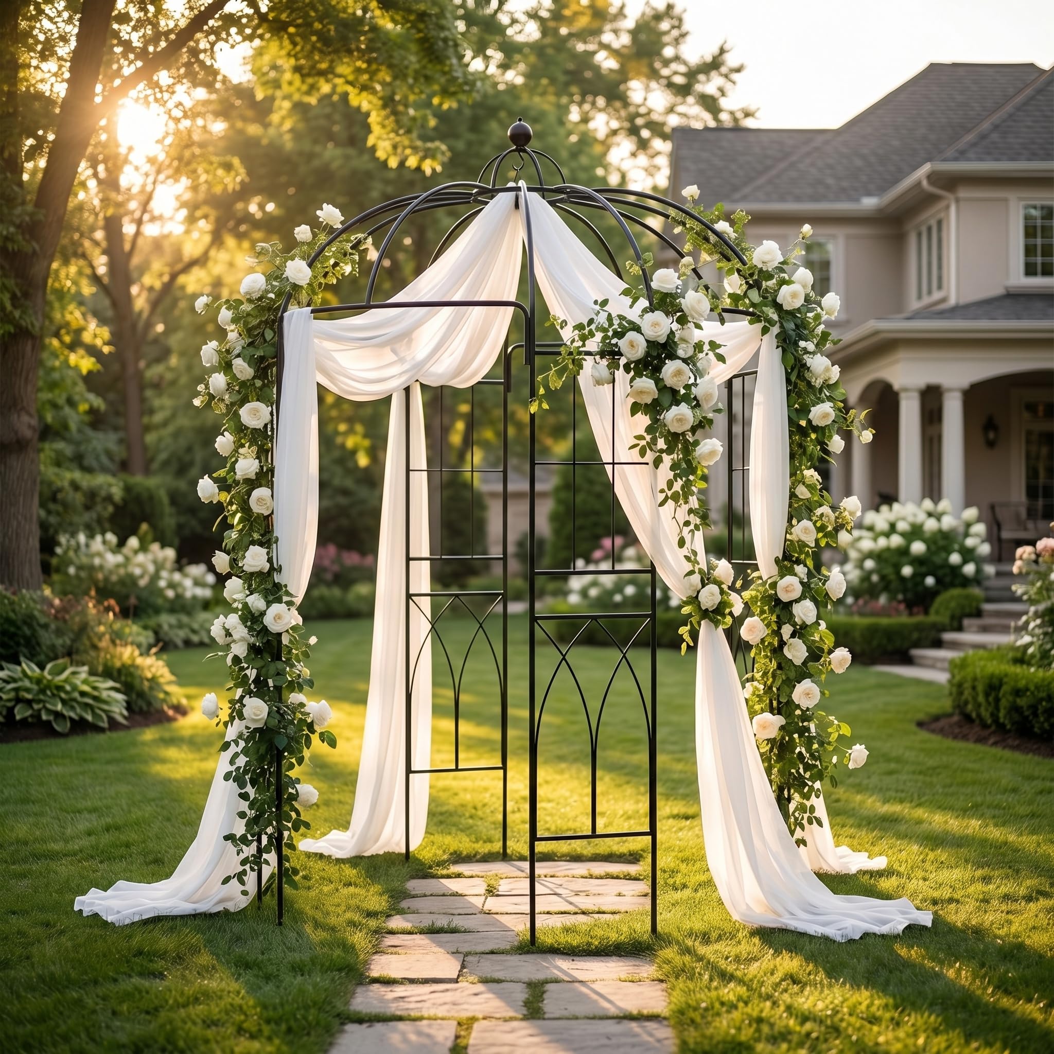 GARDEN Runder Metall Gartenpavillon 271 x 207 x 207 cm, Rankgitter für Kletterpflanzen, Rosenbogen mit 31cm Erdspießen, Vintage Pergola für Garten, Balkon, Blumenbogen für Rosen, Efeu, Jasmin