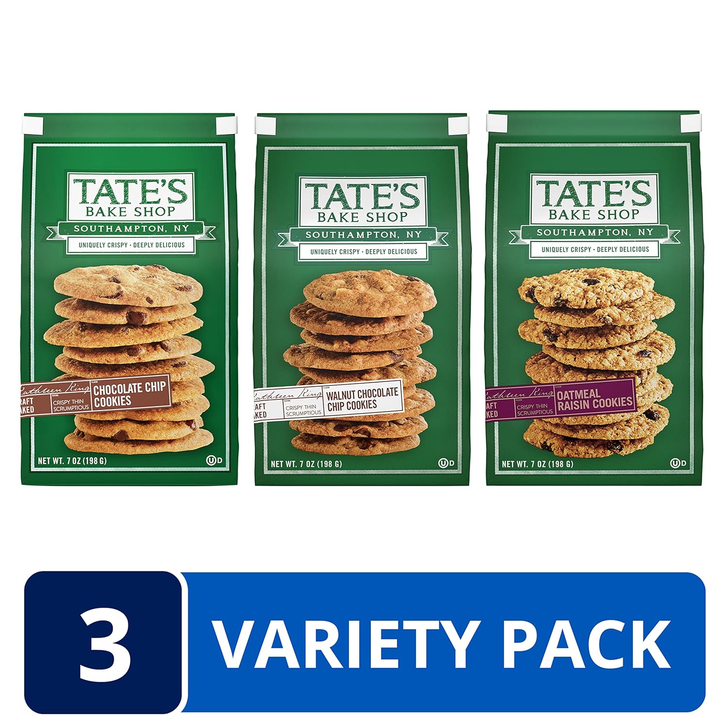 Tate's Bake Shop Variety Pack, Oatmeal Raisin, Chocolate Chip & Chocolate Chip Walnut, 3-7 oz Bags