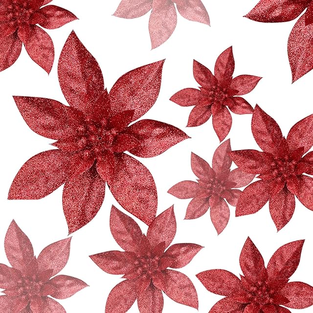 12 Pcs Glitter Christmas Flowers Christmas Poinsettia Flower Decoration Artificial Poinsettia Flower Christmas Tree Flower Decorations Xmas Tree Ornaments Dia 8 Inch/15CM (Red)