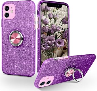 iPhone 11 Case, Phone Case iPhone 11, Slim Thin Shinny Sparkly Soft TPU Shockproof Protective Ring Kickstand Hybrid Protection Girls Women iPhone 11 Cover, Purple Glitter Design