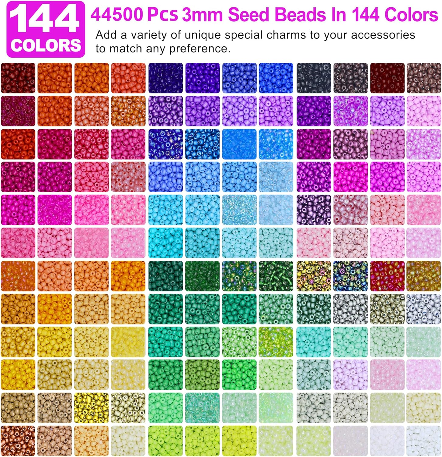 Redtwo 3mm 44500pcs Glass Seed Beads Kit, 7 Boxes 144 Colors Small Beads for Bracelets, Friendship Bracelet Kit with Charms and Letters